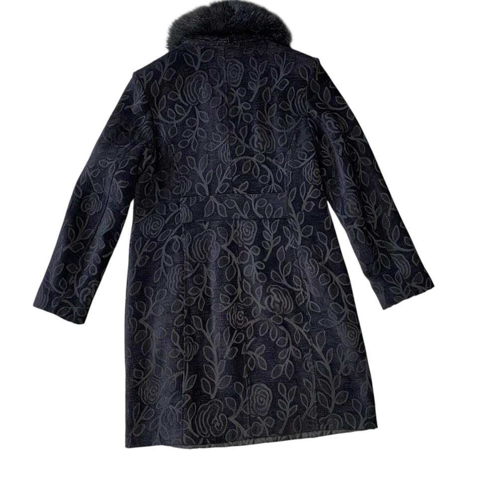 VINTAGE GIACCA Size Large Velvet Brocade Coat Faux Fur Trim Black Mobwife 90s - Image 3 of 4