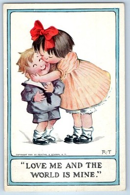 1912 Children Girl Kissing Cheek Love Me And The World Is Mine Antique Postcard