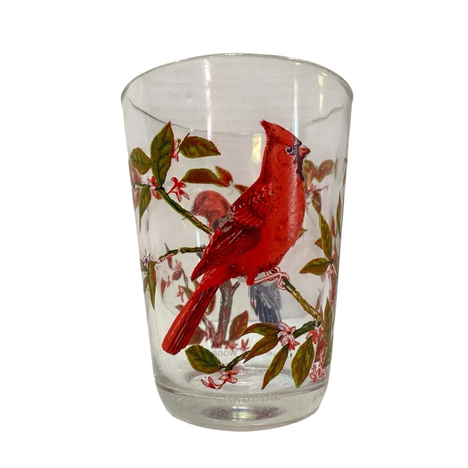 Винтажный набор из 2 стеклянных стаканов Arcoroc дятел кардинал синяя сойка иволга - Изображение 3 из 4
