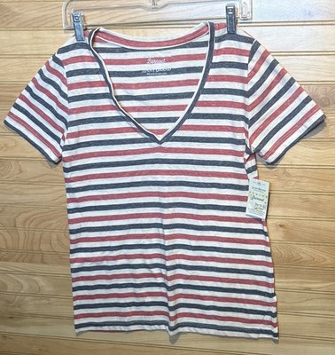Lucky Brand Venice Burnout Women's Americana Red White Blue V-neck T-Shirt