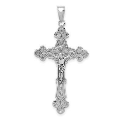 14K Weißgold poliert strukturiert INRI Kruzifix Fleur de Lis Anhänger