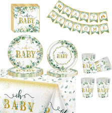 70P Sage Green Party Baby Shower Tableware Set, Eucalyptus Green Banner Paper Cu