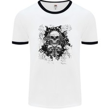 Three Skulls Demon Biker Gothic Tattoo Mens Ringer T-Shirt