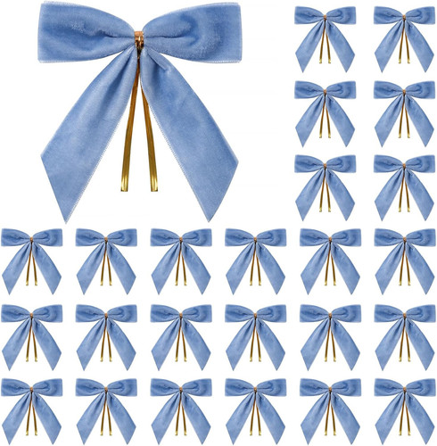 24 Pcs Light Blue Small Velvet Christmas Bows for Tree,