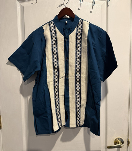 Men's Blue Guayabera Shirt, Size M, Short Sleeve Woven Cotton