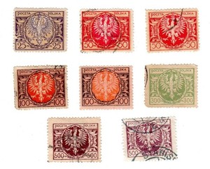 POLAND (1921-1923) POLISH EAGLE (set of 8 with duplicates) used