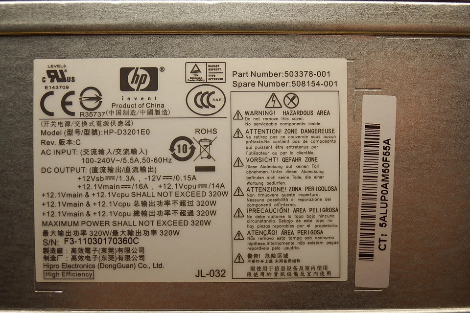 PRE-Owned Tested 503378-001 HP 320-Watts Power Supply (MODEL HP-D3201E0) - Image 2 of 3