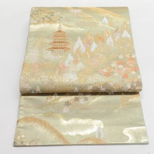 Kimono Fukuro Obi Silk Five-story pagoda pattern Green 165.4inch Women's