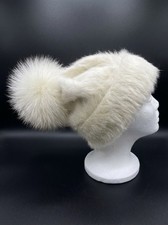 Image of AVU LE VU Slouchy Beanie Hat Real Angora Rabbit Hair, Real Fox Pom Pom White