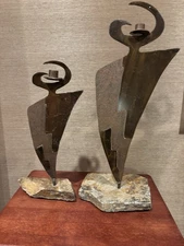 Pair (2) BRUTALIST! SLATE METAL CANDLEHOLDERS SCULPTURE! ABSTRACT  MID CENTURY