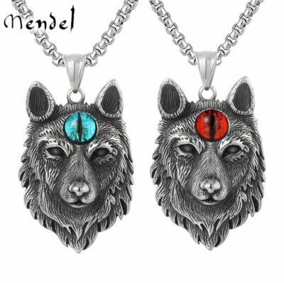 MENDEL Mens Spiritual Evil Eye Wolf Head Pendant Necklace Stainless Steel Chain
