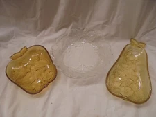 Lot GLASS Hazel-Atlas Amber Fruit CANDY DISHES  & Indianna Pear & Leaves  BOWL