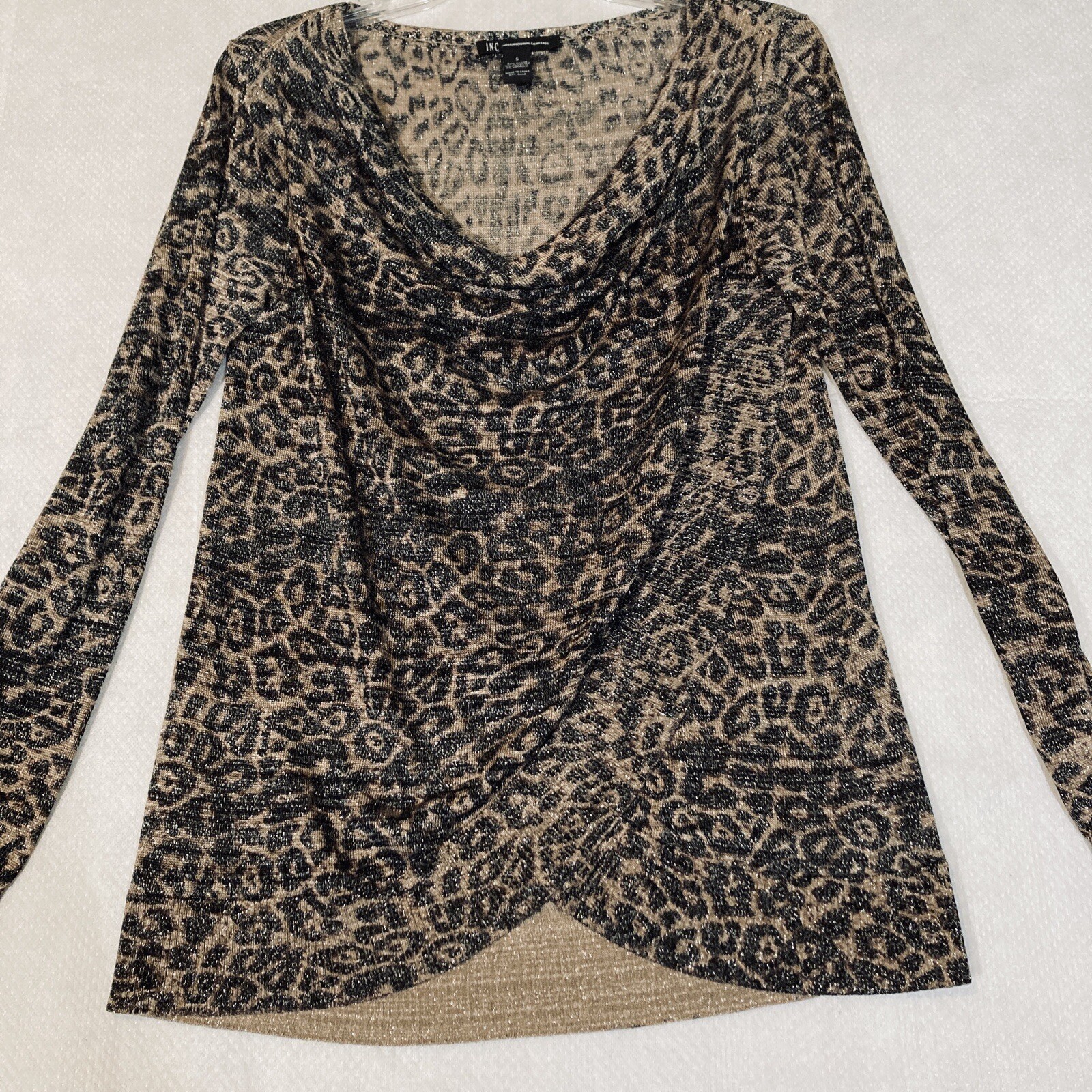 INC International Concepts Women's Small Black Tan Animal Print Metallic Work Top