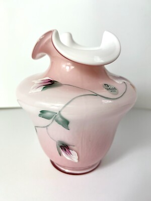 FENTON GLASS VASE DUSTY ROSE OVERLAY  SIGNED BY DON FENTON & ARTIST C. MACKEY