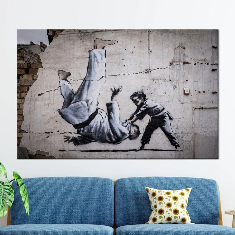 Banksy Judoka, Banksy War Canvas, Sports War Art, Judoka Graffiti Art,  Banksy - Image 3 of 4