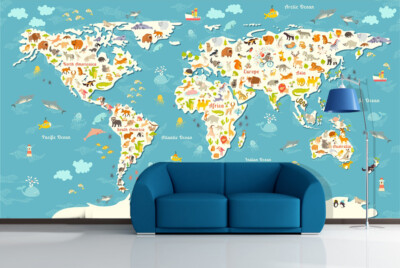 3D Cartoon World Map ZHUA4434 Wallpaper Wall Murals Removable Self-adhesive Amy