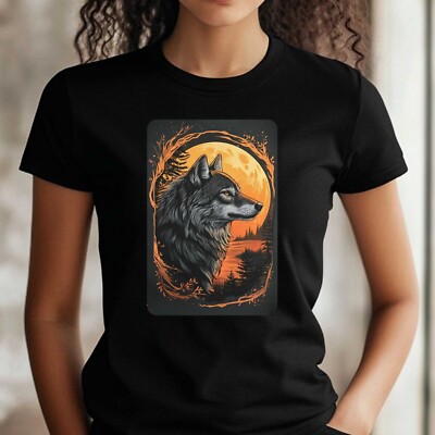 Women's Wolf and Full Moon Motif Cotton T-Shirt Size S to 3XL