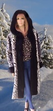 Faux fur hooded coat Snow Leopard Black Fox trim vegan