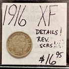 1916 Barber Silver Dime (XF) Extra Fine Condition. (Details Rev Scrs). ENN Coins