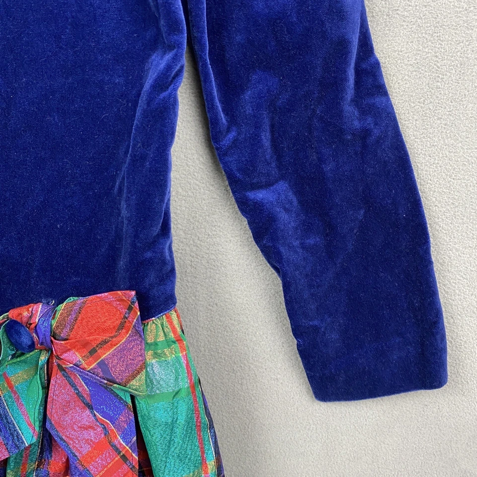 复古罕见版本女孩丝绒连衣裙 12 码格子长袖蕾丝蝴蝶结美国 — 第 4/4 张图片