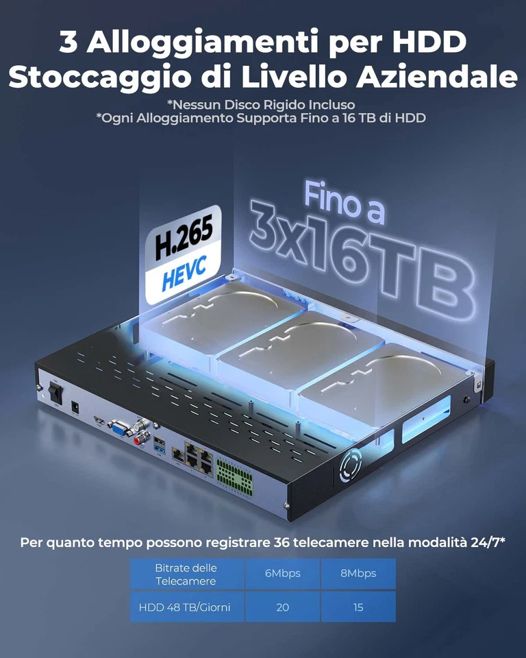 Reolink RLN36 NVR 36 Canali PoE Sistema Videosorveglianza 3 Slot per HDD 12MP - Immagine 3 di 4