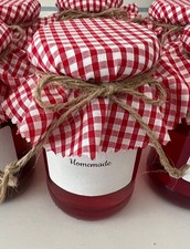 6 Handmade red gingham jam jar covers/jar toppers with labels bands & ties