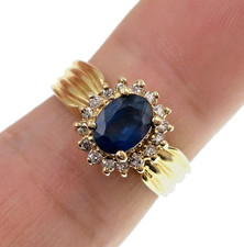 Classic 14k Solid Yellow Gold Natural Blue Sapphire  Diamond HALO Ring Sz 6.75