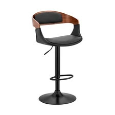 Armen Living Benson Adjustable Faux Leather and Walnut Wood Bar Stool with Black
