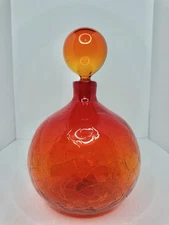 Vintage MCM Blenko 636L Decanter In Tangerine Crackle 12” W/Stopper