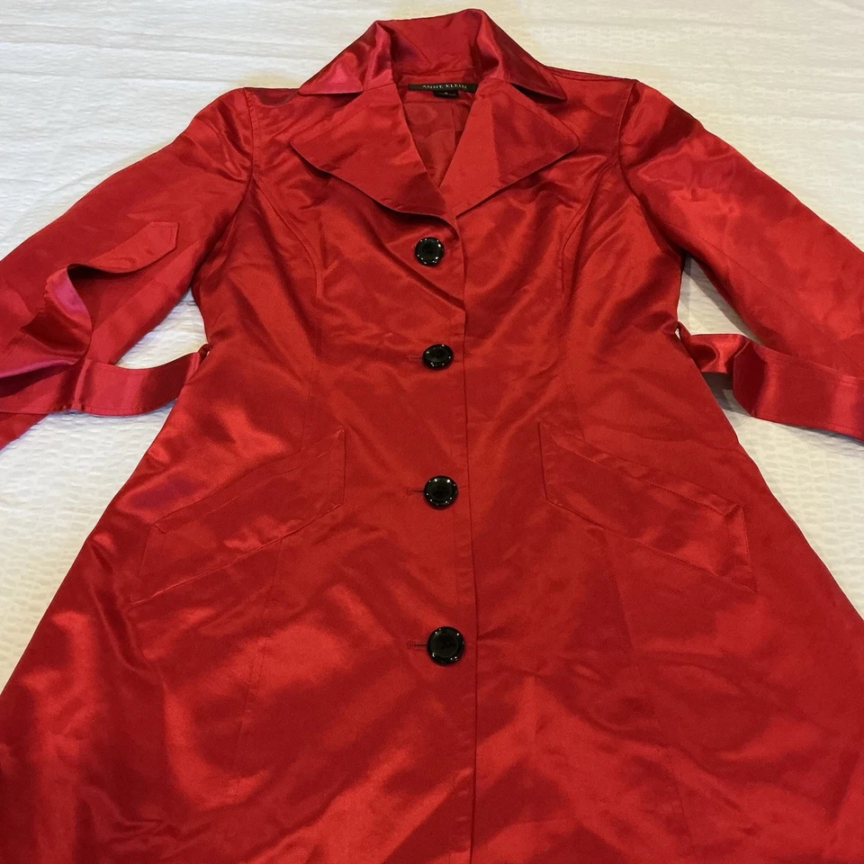 Gabardina Anne Klein 100 % seda roja pequeña oficina sala de juntas día a noche usada en excelente estado Foto 2 de 4