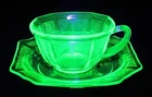 Uranium Glass Green Hocking Princess Cup and Saucer Set UV GLOWY GLASS
