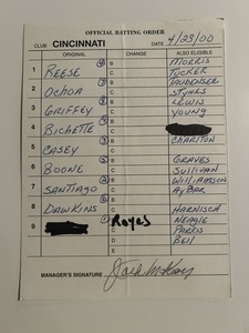 JACK McKEON SIGNED AUTOGRAPH April 23 2000 REDS Dodgers LINEUP CARD Griffey Jr 