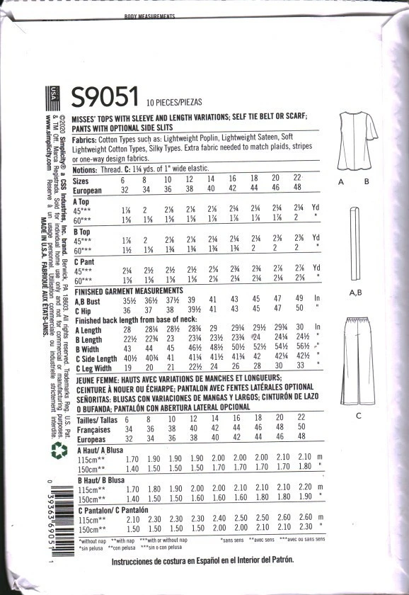 9051 UNCUT Simplicity Sewing Pattern Misses Top Scarf Pants Tie Belt OOP Sew 14 - Image 2 of 2