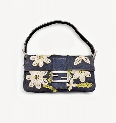 Fendi 2000s Rare Denim Floral Raffia Embroidered Baguette Bag | eBay