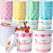 24 Pcs 16oz Paper Ice Cream Cups with Lids, Disposable Sundae Dessert Bowls, ...