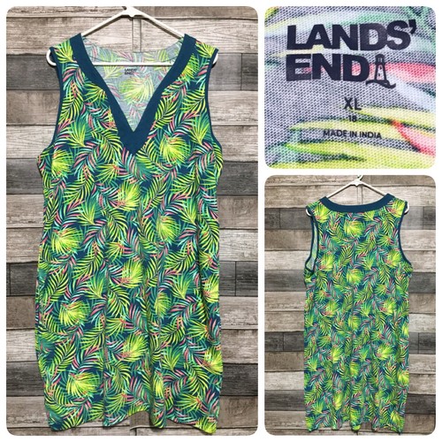 Lands End Blumen T-Shirt Kleid Damen XL blau gelb Taschen