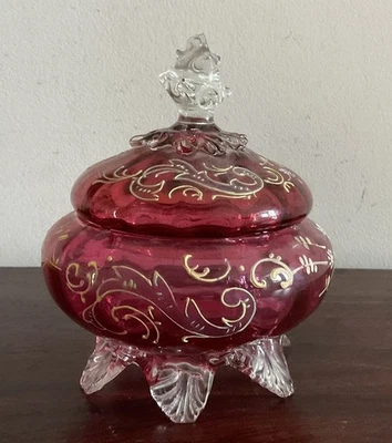 Victorian cranberry glass Candy Bowl with Hand Painted Enamel Decoration - image 1 of 4