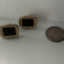Vintage Gold Tone Cufflinks Dark Green Stone Rectangular Mid Century Unsigned