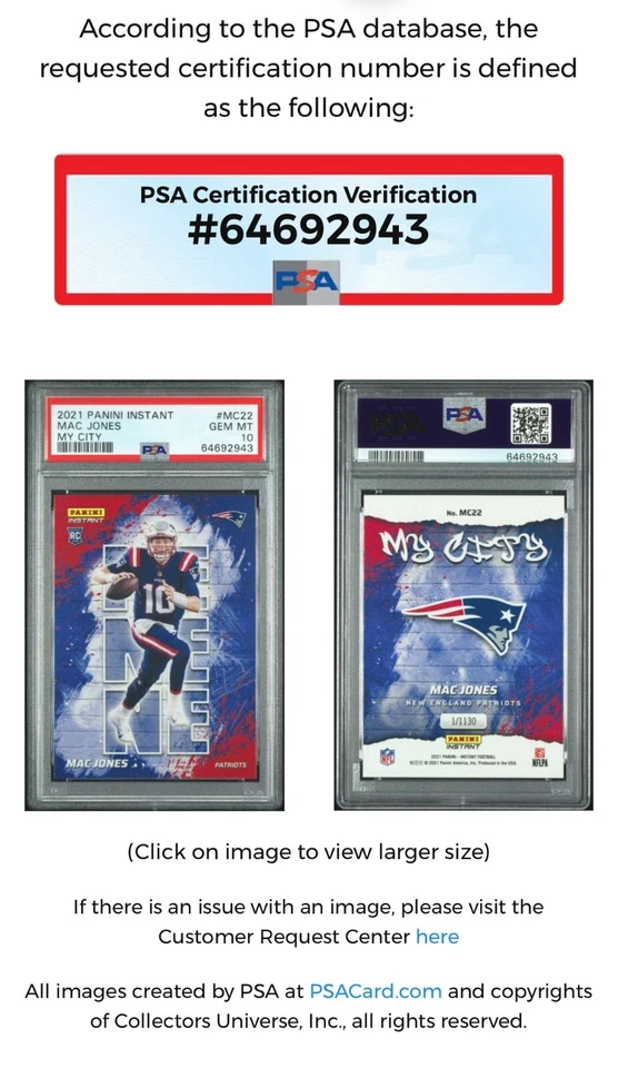 2021 PANINI INSTANT MAC JONES ROOKIE MY CITY 1/1130 SP PATRIOTS #MC22 RC PSA 10 - Image 3 of 4
