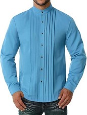 Men s Banded Collar Tuxedo Pleated Solid Color Long Sleeve Shirt Tops