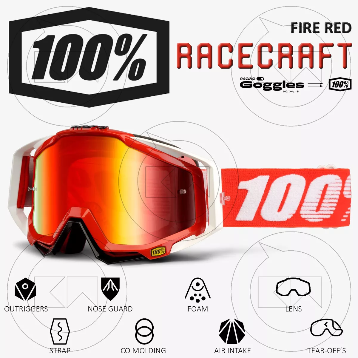 100 RACECRAFT MX MOTOCROSS FIRE RED MIRROR LENS MASK