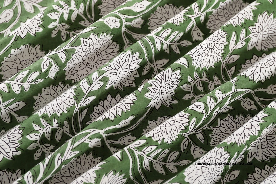 3 Yard Indian Cotton Hand Block Print Green Floral Beautiful Craft Sewing Fabric - Image 2 of 4