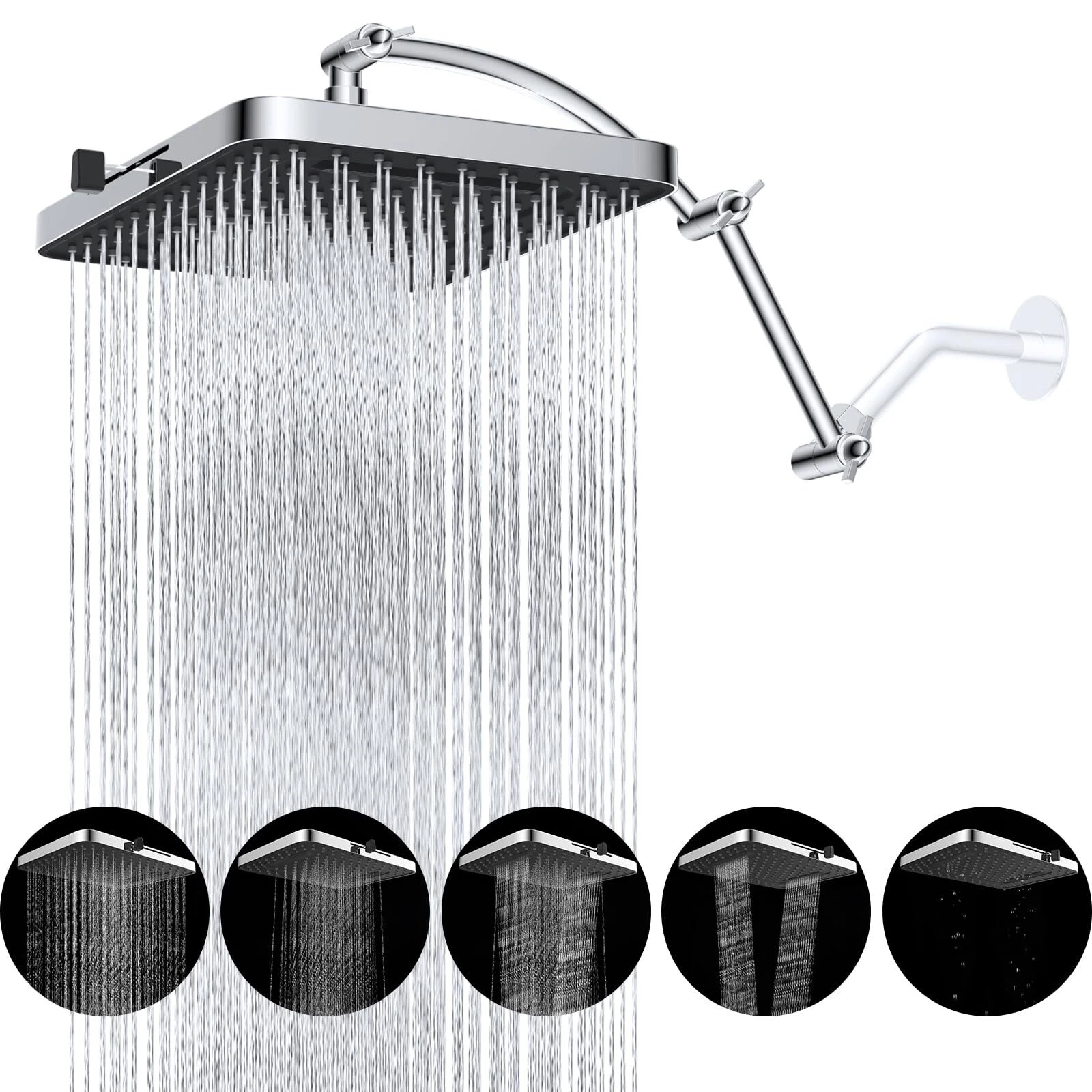 Rain Shower Head, 13'' High Pressure Rainfall Square 5 Spray Mode Showerhead