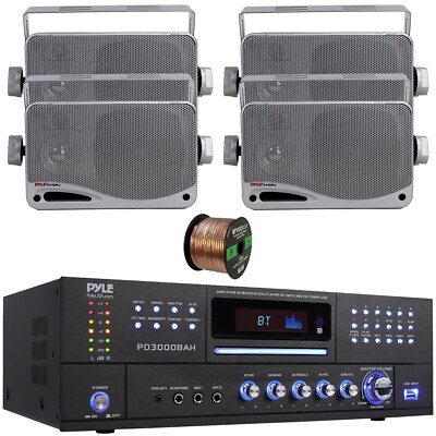 Pyle PD3000BAH Karaoke Receiver, 4x 3.5'' 200W 3-Way Weather Proof Speakers
