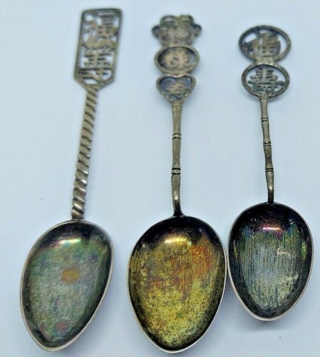 3 STERLING SILVER SOUVENIR SPOON CHINESE Health, Happiness & Long Life