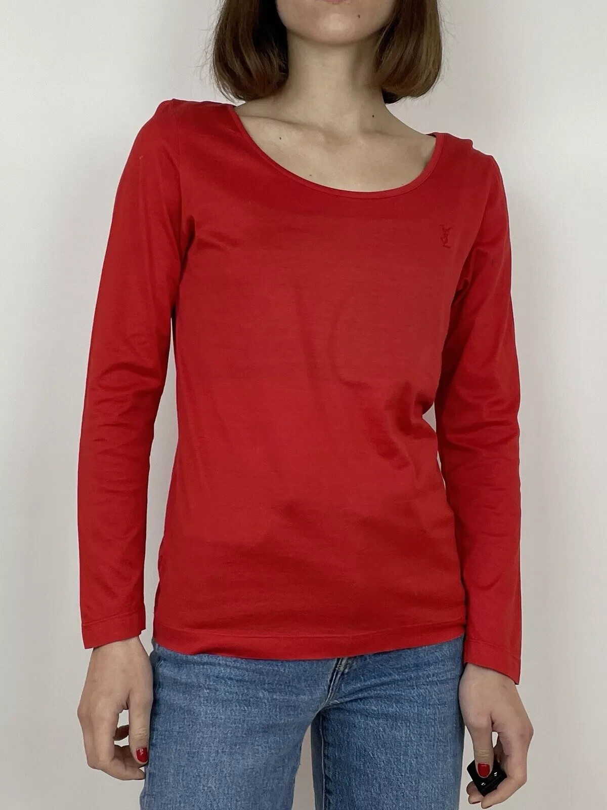 Top vintage anni 90 90 YSL Yves Saint Laurent rosso tricot cotone manica lunga 36