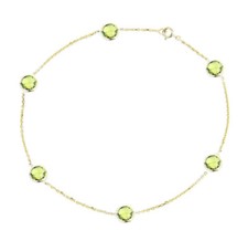 14K Yellow Gold Anklet Bracelet With 6mm Round Peridot Gemstones 9 Inches