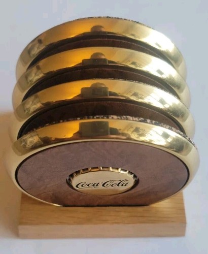 New Leather & Brass Coca Cola Coasters and display holder Coca Cola Set of 4 - Picture 7 of 9