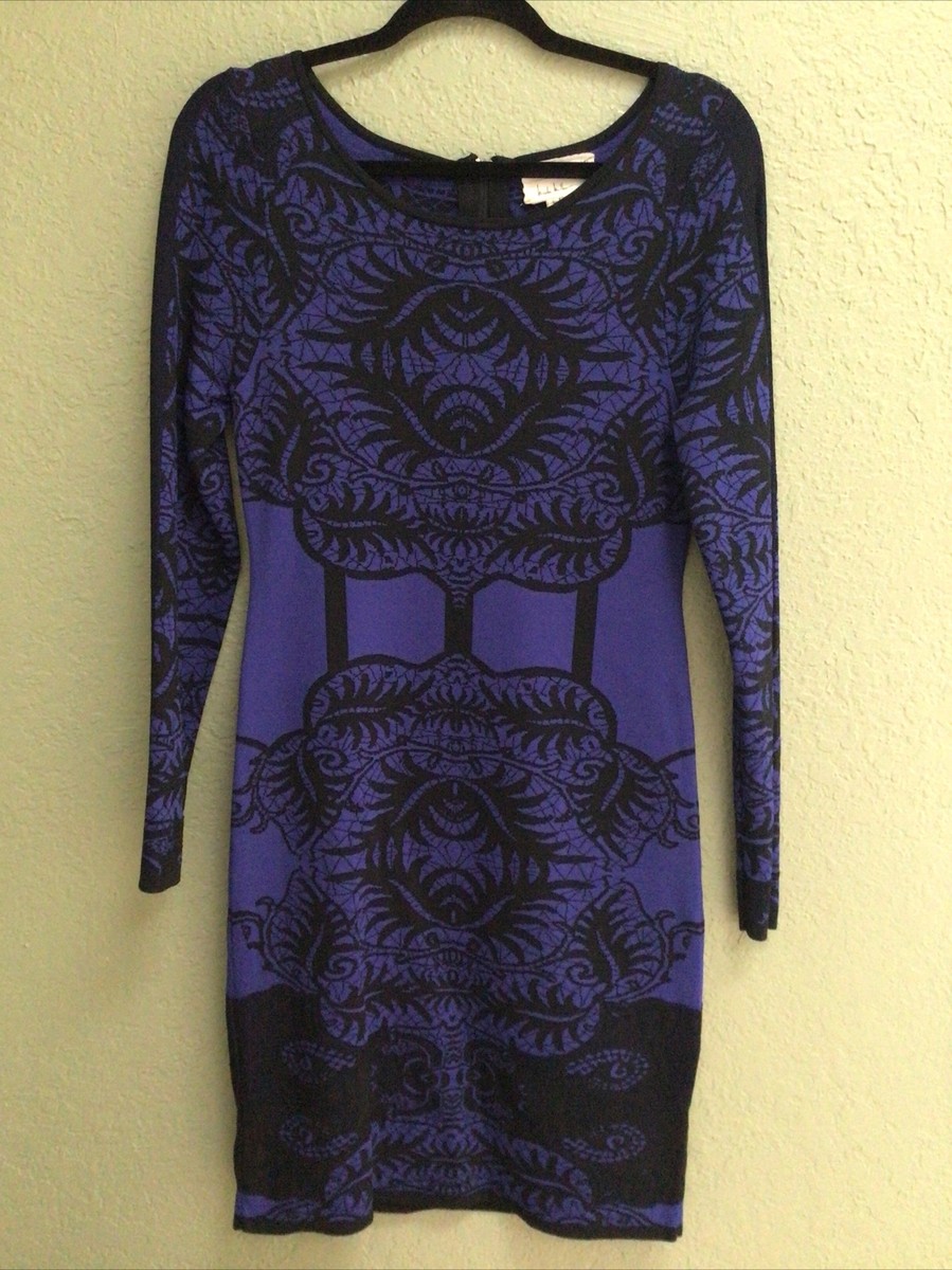 Nicole Miller Artelier Exotic Purple Black Knit Shape Hug Bodycon Size L  Dress