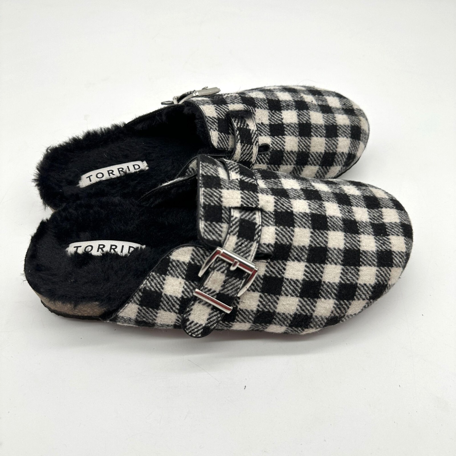 SAOLA Torrid pantofole da donna a quadretti fibbia zoccolo suola Eva nero bianco 8 guerra mondiale
